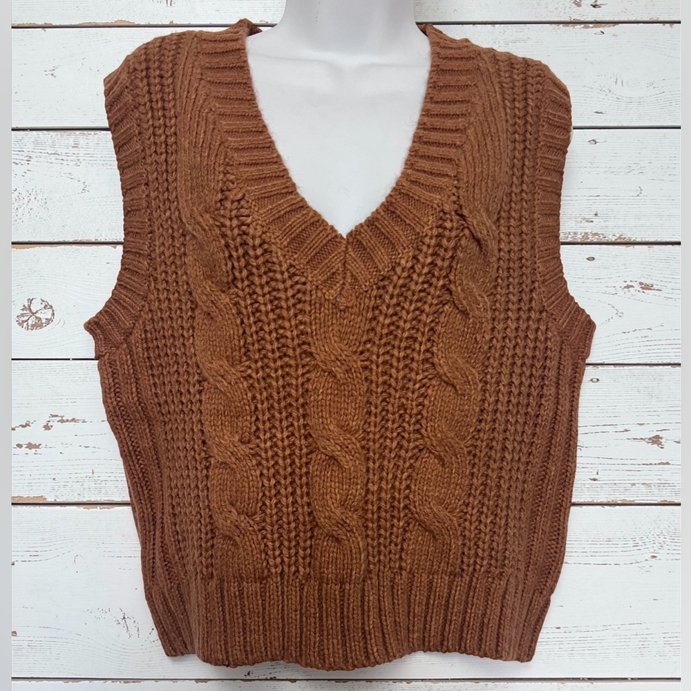 AEO Chunky Cable Knit Sweater Vest Med Rust Academia Preppy GrandpaCore Cozy - Picture 2 of 7
